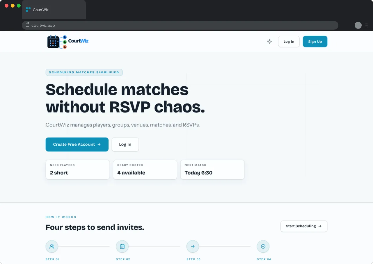 CourtWiz on desktop: need-players, ready-roster, and next-match status cards above the four-step invite walkthrough