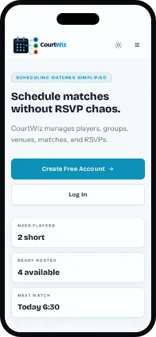 CourtWiz on a phone: the same scheduling flow sized for the sideline