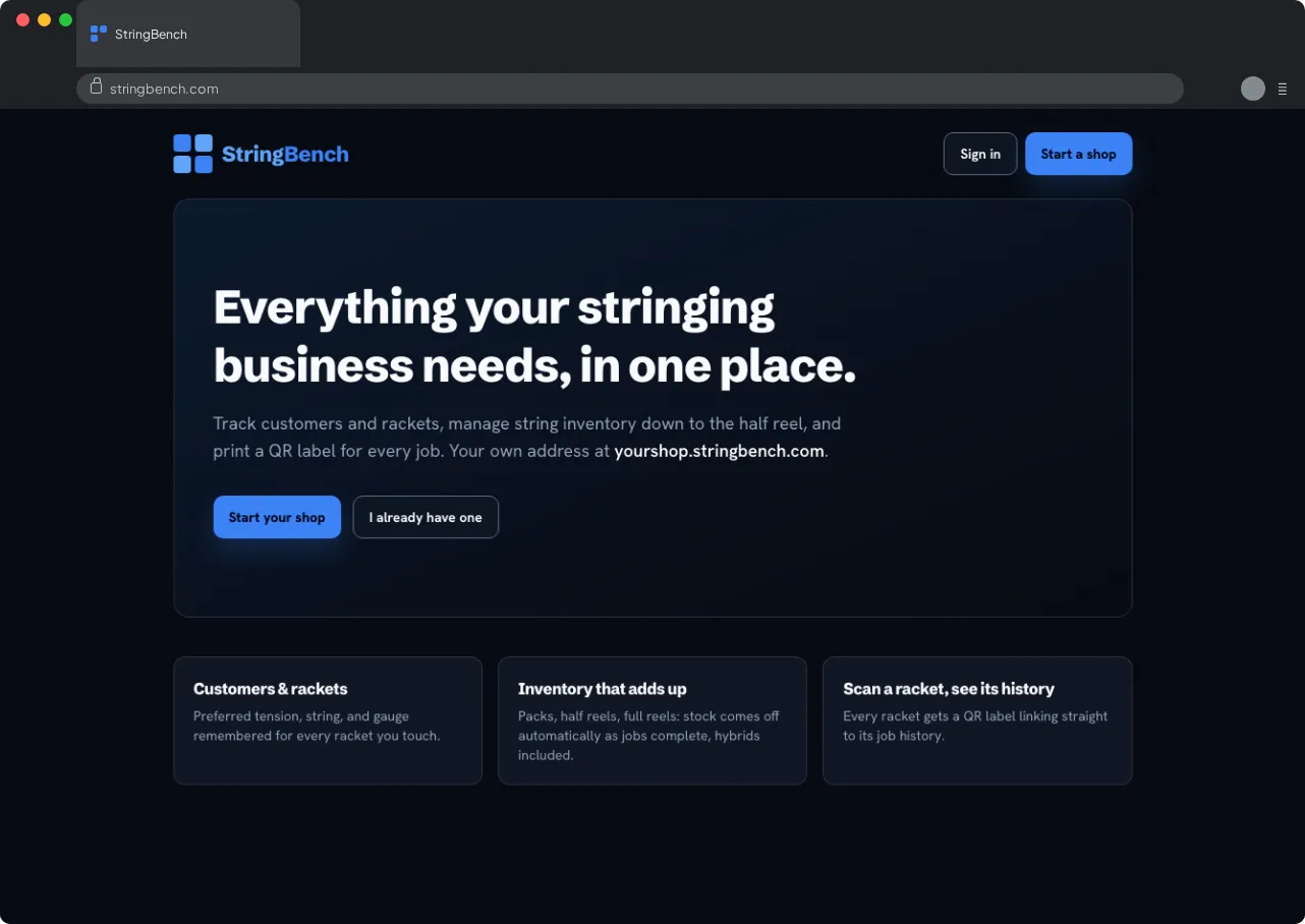 StringBench on desktop: customers and rackets, inventory that adds up, and racket history by QR label